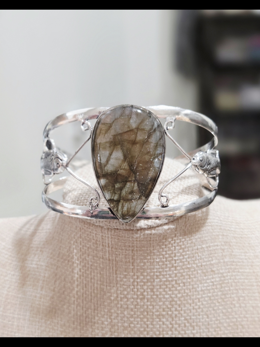 Adjustable Silver Cuff Bracelet with Green Labradorite Teardrop Stone